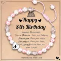 Kids pink pearl birthday bracelet with number 8 heart charm and warm greeting card. - 8th Birthday Heart Bracelet