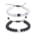 Couple beaded bracelet set with white turquoise and black matte stones, adjustable string. - Matte Black with White Turquoise