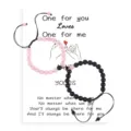 Couple magnetic bracelet set with rose quartz and volcanic stone beads on card. - Matte Black + Rose Quartz + Card