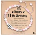 Handmade 11th Birthday Pink Pearl Crystal Charm Bracelet Adjustable Gift for Girls Kids - 11th Birthday Heart Bracelet