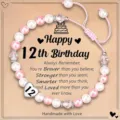 Handmade pink and white pearl braided birthday bracelet with crystal beads and heart charm gift. - 12th Birthday Heart Bracelet