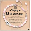 Handmade 13th birthday pink and white pearl beaded bracelet with inspirational card gift. - 13th Birthday Heart Bracelet