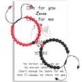Couple magnetic stone distance bracelets matching set for lovers valentine gift card display - Matte Black + Red Turquoise + Card