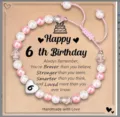 Handmade pink white pearl beaded bracelet with 6th birthday card gift for little girls. - 6th Birthday Heart Bracelet
