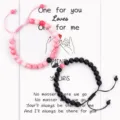 Couple distance matching stone bracelets set with magnetic heart charm on gift card - Matte Black and Red Jade with Card