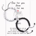 Couple magnetic matching stone bracelets with white turquoise and black beads on gift card. - Matte Black and White Turquoise with Round Magnetic Clasp and Card