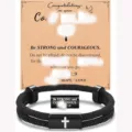 Men's stainless steel cross braided Milan cord faith bracelet with inspirational scripture bar. - 33