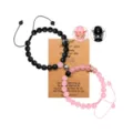 Couple magnetic bracelets set with black stone and pink crystal heart charm for Valentine gift - Matte Black and Rose Quartz with Crown