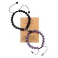 Couple magnetic distance bracelets with black and purple stone beads for lovers friendship gift. - Matte Black and Dreamy Amethyst with Kraft Card