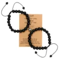 Black bead magnetic couple bracelet set with card, matching distance friendship jewelry gift. - Matte Black with Kraft Card