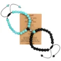 Couple magnetic distance bracelets set with turquoise and black matte stone beads for lovers. - Matte Black & Turquoise with Card
