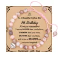 Handmade pink stone beaded bracelet with birthday card gift for girls aged 7 years old. - 7th Birthday + 6mm Pink Zebra