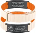 Stainless steel medical alert bracelet custom engraved silicone strap for emergency info - 20mm / Black Curved Plate with Starlight Orange