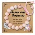 Pink Jasper Beaded Bracelet 4th Birthday Gift for Kids Adjustable Woven Jewelry Card - Happy 4th Birthday