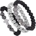 Detailed view of multi-layer beaded bracelet set with matte black and silver beads. - Multi-layer Beaded Cross Bracelet