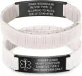 Custom engraved medical alert bracelet, stainless steel black ID tag with white links. - 20mm / Black Curved Plate with Starlight Segmented Strap