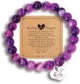 Detail shot of purple gemstone bead bracelet with blessing card and engraved heart pendant. - Style 24