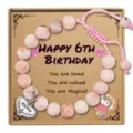 Pink stone beaded adjustable bracelet with heart charm for kids birthday gifts. - Happy 6th Birthday