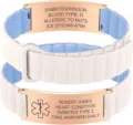 Stainless steel medical alert ID bracelet with silicone band for emergency info engraving - 20mm / Rose Gold Curved Plate with Antique White Blue