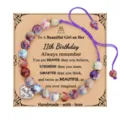Handmade pink zebra jasper beaded bracelet with heart birthday card and adjustable cord. - 11th Birthday with 8mm Imperial Jasper