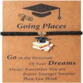 Graduation braided bracelet detail shot, elegant black rope design with graduation cap charm card gift. - 8