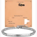 Stainless steel bead bracelet detail view featuring engraved metal bar and message card gift. - Baptism-5
