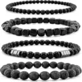 Detailed view of 4 stylish black beaded and magnetic stone bracelets set for men and women. - Black Beaded Magnetic Bracelet Set