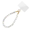White marble beaded phone strap detail, gold spacers and clear tether patch closeup. - Howlite