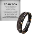 Detail shot of multi-layer men's leather bracelet with tiger eye beads and message card. - Matte Tiger Eye - 9