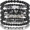 Detail shot of multi-layer beaded stack bracelet with cross charm and hematite stones. - Multi-layer Stacked Black Agate Bracelet