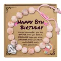 Pink Imperial Stone Beaded Bracelet Girls 8th Birthday Gift Heart Charm Adjustable Woven - Happy 8th Birthday