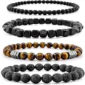 Set of four natural stone and wood bead bracelets featuring tiger eye and lava stone design. - Tiger Eye & Volcanic Rock Bracelet Set