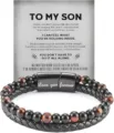 Closeup view of mens layered leather tiger eye stone bracelet stainless steel clasp detail shot. - 19cm Alloy Magnetic Clasp / Red Tiger's Eye - 2