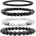 Set of 4 beaded bracelets featuring matte black stones, wooden beads, and white turquoise. - Multi-material Beaded Bracelet Combo