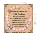 Pink zebra jasper beaded bracelet with birthday card, adjustable heart charm gift. - 25th Birthday + 8mm Pink Zebra Jasper