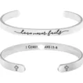 Stainless steel C-shaped cuff bracelet detail featuring inspirational engraved text. - Scripture Engraved Style 7
