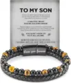 Mens multi-layer leather bracelet with tiger eye stones and sentiment card for son gift - 19cm Alloy Magnetic Clasp / Yellow Tiger's Eye - 1