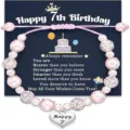 Pink pearl beaded bracelet with rhinestones, heart charm and birthday greeting card gift. - Happy 7th