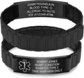 Custom engraved black stainless steel medical alert ID bracelet for emergency info. - 20mm / Black Curved Plate with Black Segmented Strap