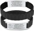 Stainless steel medical alert ID bracelet with black silicone strap and custom engraved text. - 20mm / Steel Color Curved Plate with Black Segmented Strap