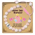 Pink pearl crystal beaded adjustable birthday bracelet with 3rd birthday display card. - Happy 3rd Birthday