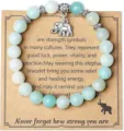 Detailed view of an 8mm natural stone beaded bracelet featuring a silver elephant charm on card. - Style 8