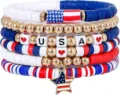 Set bracciali perline argilla bandiera USA rosso bianco blu gioielli patriottici festa indipendenza - Stella USA - Set da 6 pezzi / Rosso Bianco Blu