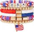 Set di bracciali multistrato giorno dell'indipendenza con perline di argilla. - Set da 6 pezzi blocchi lettere USA / Rosso Bianco Blu