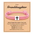 Pink braided cord bracelet with silver cross charm on message gift card for granddaughter. - Cross Woven Bracelet (To My Granddaughter) / Pink