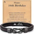Men braided leather bracelet with black magnetic stainless steel clasp and birthday gift card. - 16th