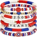 Set di bracciali di perline rosso bianco blu del Giorno dell'Indipendenza con ciondoli - Sorriso, cuore e anni - Set da 7 pezzi / Rosso Bianco Blu