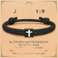 Black braided rope cross bracelet with square pendant, stylish religious jewelry gift for men. - Cross Woven Bracelet (Bible Verse 1:9) / Black