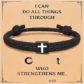 Black braided rope bracelet with cross charm on inspirational card for men fashion. - Cross Woven Bracelet (Inspirational Verse) / Black