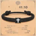 Black braided cord bracelet with cross charm and scripture backing card for men gift. - Cross Woven Bracelet (Bible Verse 41:10) / Black